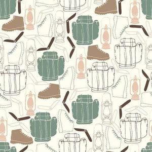 Camping themed pattern with lanterns, boots, and backpacks