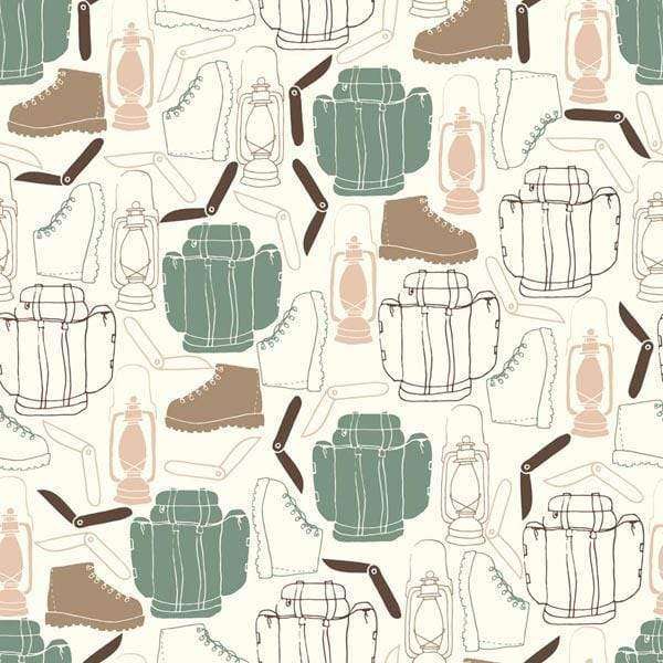 Camping themed pattern with lanterns, boots, and backpacks