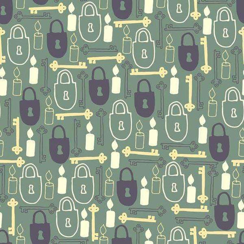 Illustrative pattern featuring padlocks, keys, and candles