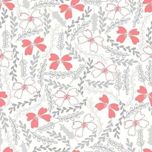 Elegant floral pattern with red and outline flowers on a grey background