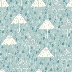 Seamless pattern of white umbrellas and raindrops on a muted teal background