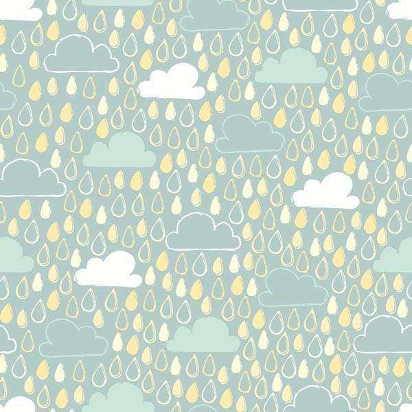 Cartoonish raindrops and clouds pattern on a grey background