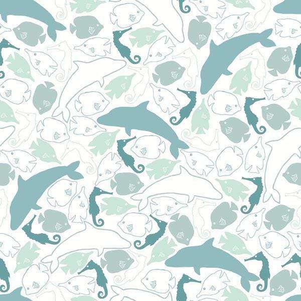 Illustrative pattern of stylized fish in shades of teal and white
