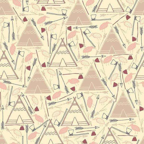 Geometric camping pattern with tents, trees, and arrows