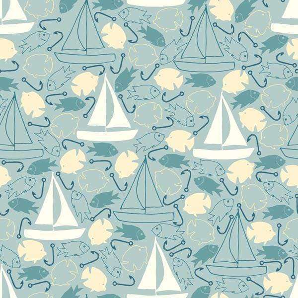 Seamless pattern with stylized sailboats, fish, and anchors