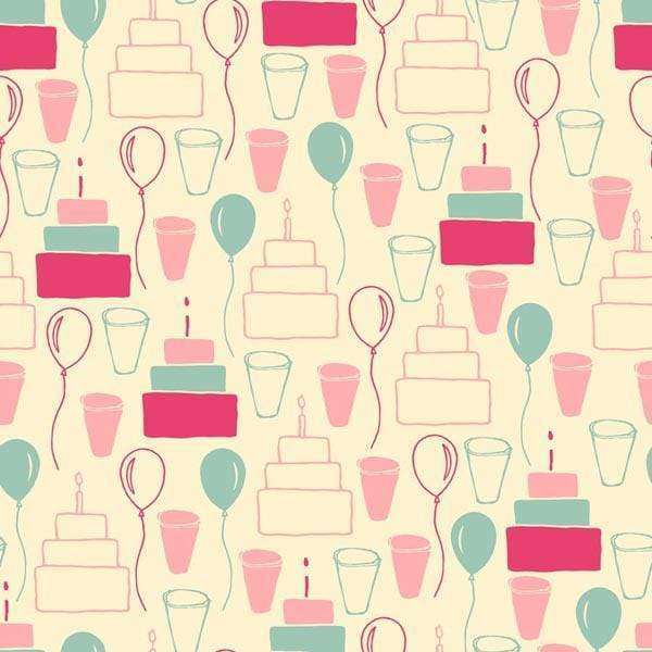 Pastel party pattern with cakes and balloons