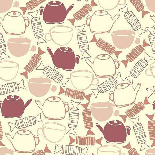 Illustration of teapots, teacups, and candies seamless pattern