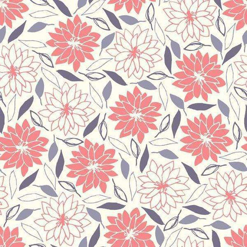 Floral pattern with pink dahlias and navy leaves on a cream background