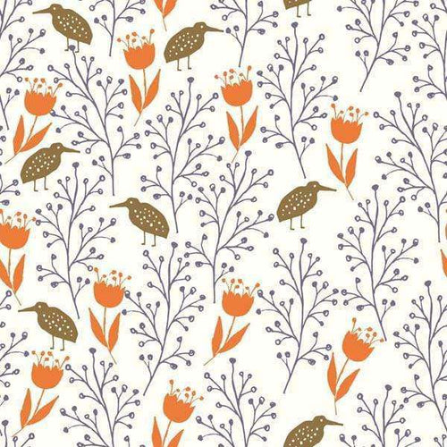 Pattern with birds and floral elements in autumn hues