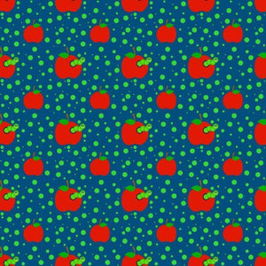 Repeated red apple pattern with green polka dots on a blue background