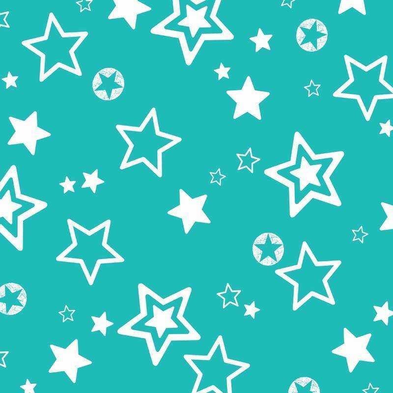 Teal background with white star patterns of varying designs and sizes