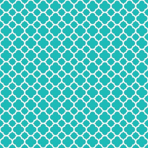 A repetitive floral pattern in aqua on a white background