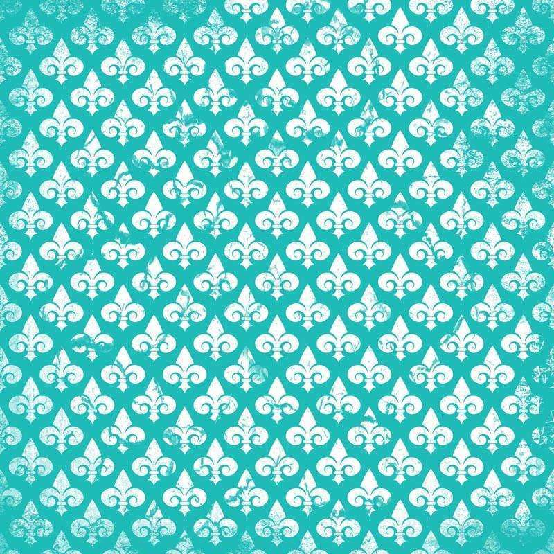 Aqua background with distressed white fleur-de-lis pattern