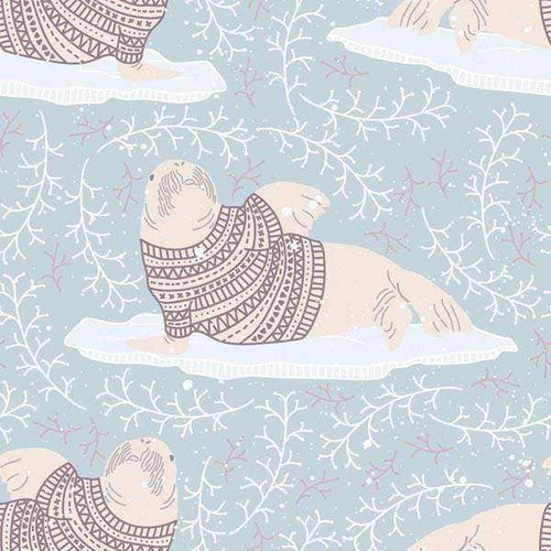 Illustrated pattern of seals wearing sweaters with a wintry background