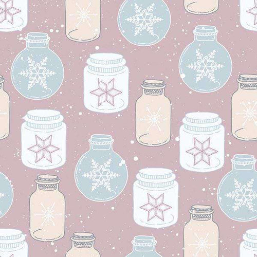 Illustrated pattern of snowflake-filled jars on a speckled pink background