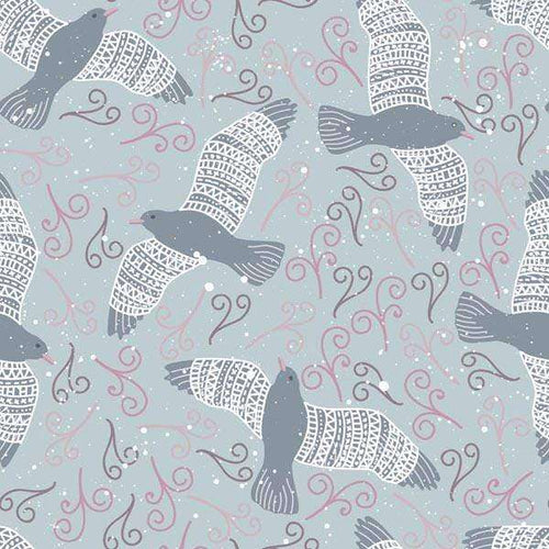 Illustrative pattern of birds and swirls in a winter theme
