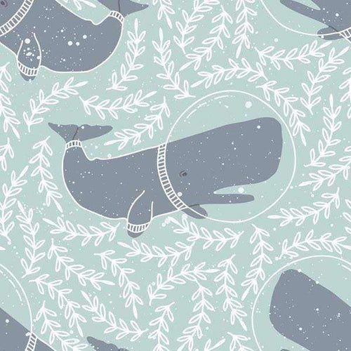 Illustrated pattern with whimsical whales and foliage