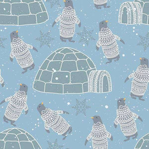 Cartoon penguins in sweaters with igloos and snowflakes on a blue background