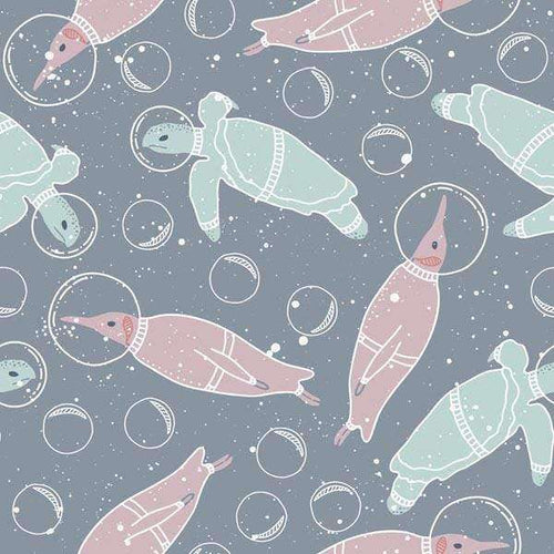 Space-themed sealife pattern with seals and bubbles on a starry background
