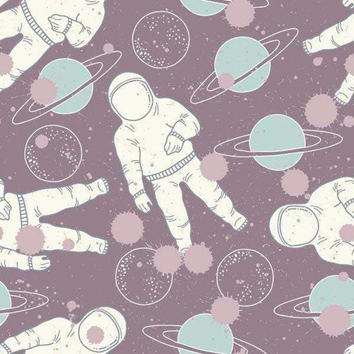 Illustrative space pattern with astronauts and planets on a mauve background