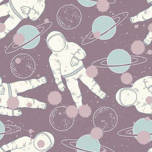 Illustrative space pattern with astronauts and planets on a mauve background