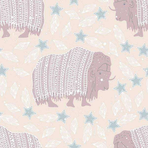 Illustrated pattern with bison wearing blankets and surrounded by stars and leaves
