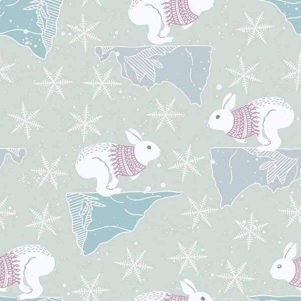 Winter-themed pattern with hares and snowflakes on a muted background