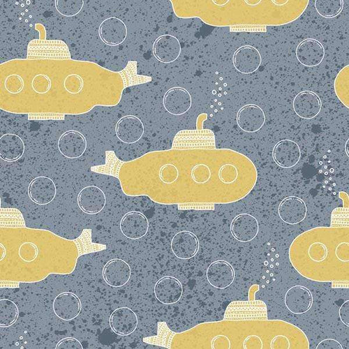 Mustard yellow submarines on a speckled grey background with white bubbles