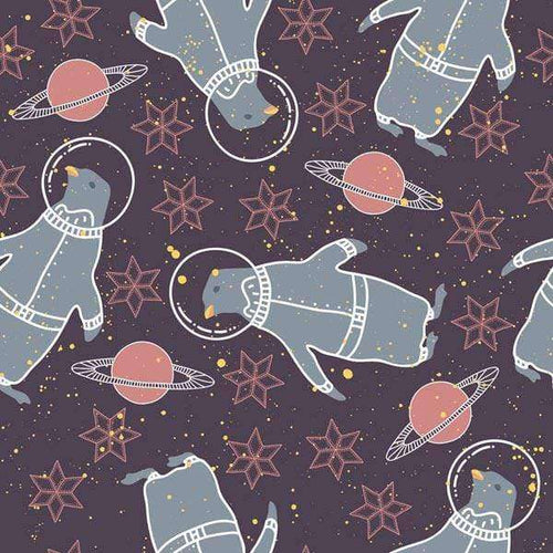 Cartoon dogs in space suits with planets and stars on a dark background