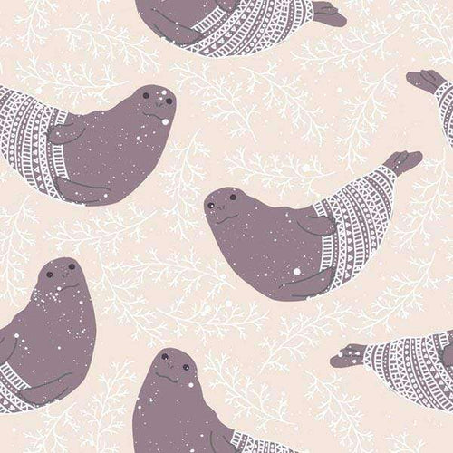 Illustrated seals with sweater patterns on a snowflake background