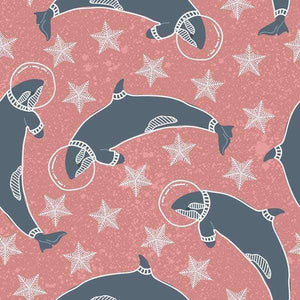 Stylized dolphins and starfish pattern on pink background