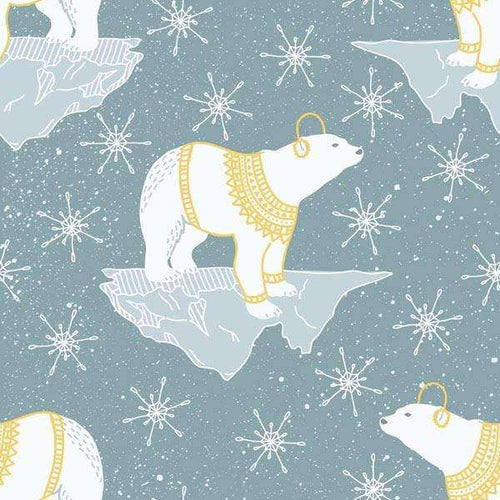 Illustration of polar bears wearing sweaters on an ice floe with snowflakes