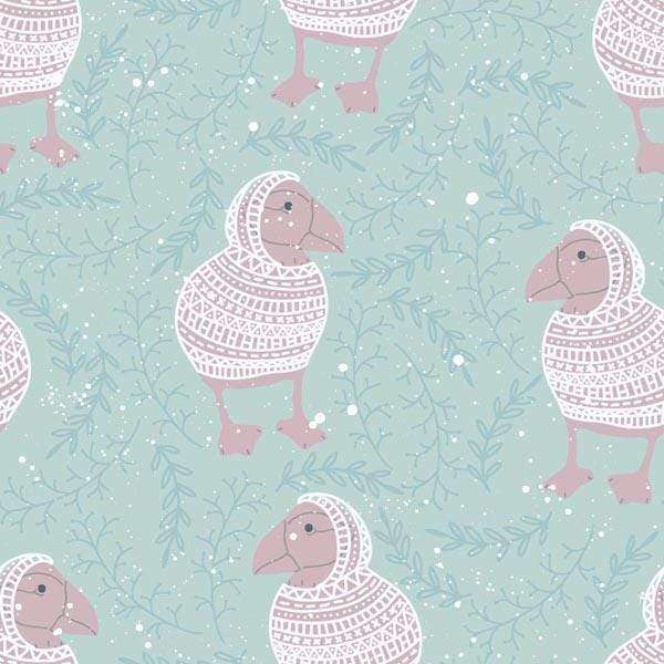 Illustration of cartoonish birds in knitwear with a wintry foliage background