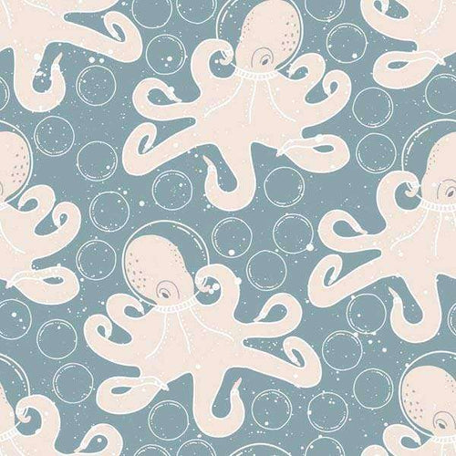 Illustrated octopuses with bubble motifs on a muted blue background