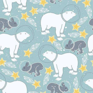 Illustrative pattern featuring polar bears, bunnies, and stars on a blue background