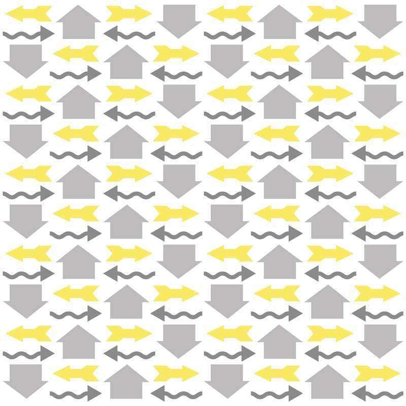 Geometric pattern with arrows and waves in yellow, gray, and white