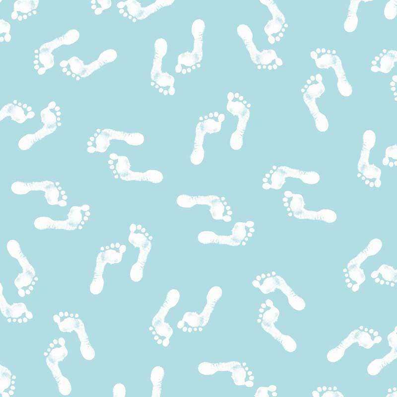 Whimsical white footprints pattern on a pastel blue background
