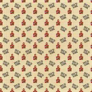 Repeated pattern of a small schoolhouse illustration and 'Back to School' text on a beige grid background