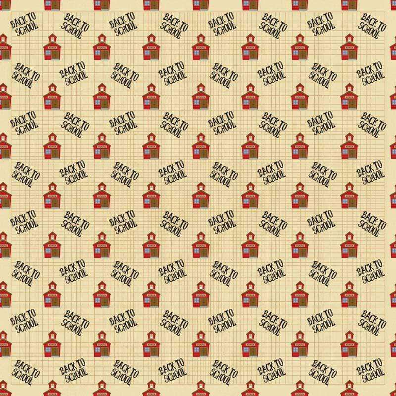 Repeated pattern of a small schoolhouse illustration and 'Back to School' text on a beige grid background