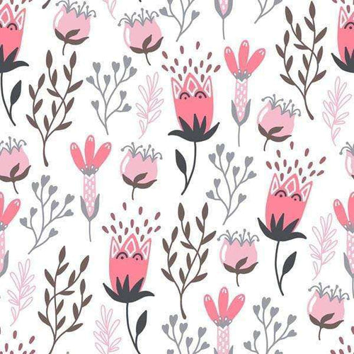 Seamless floral pattern with stylized pink blooms and foliage