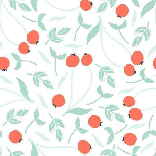 Abstract pattern of orange berries and green leaves on a white background