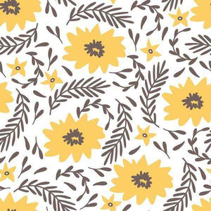 Yellow floral pattern with brown leaves on white background