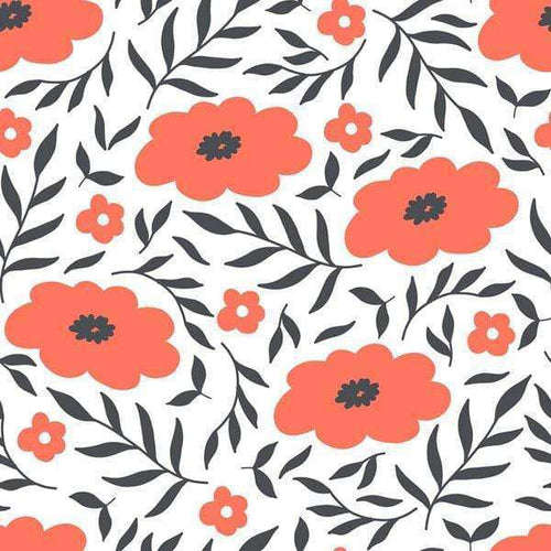 Floral pattern with coral flowers and dark leaves on a white background