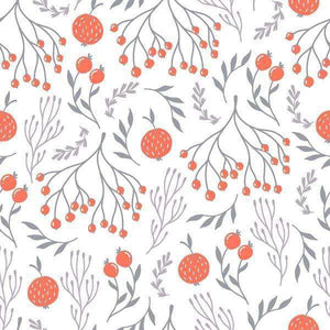 Seamless botanical pattern with orange berries and grey leaves on a white background