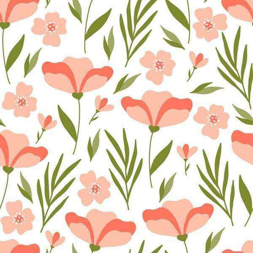 Pink floral pattern with green leaves on white background