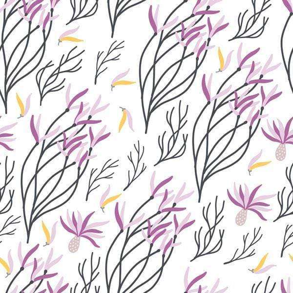 Floral and leaf pattern with purple and yellow accents