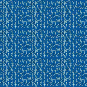 Stylized white musical notes and letters on a blue background