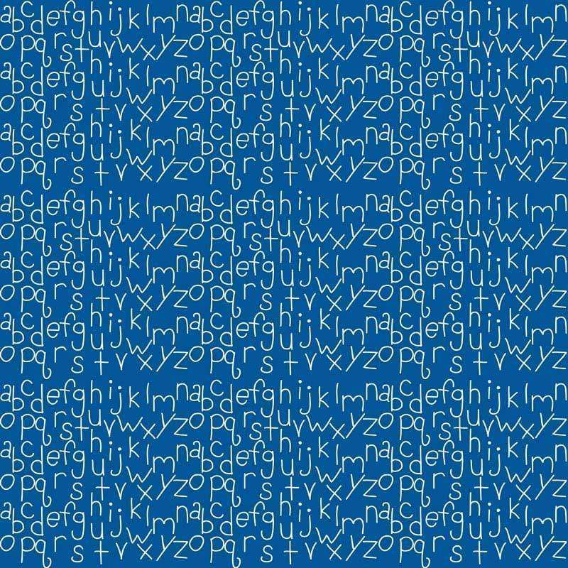 Stylized white musical notes and letters on a blue background