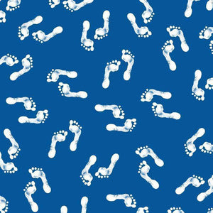 White footprint patterns on a blue background