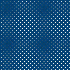 Navy blue fabric with evenly spaced white polka dots